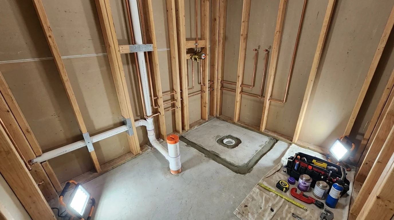 Bathroom rough-in plumbing during remodel by Johns Plumbing LLC in Dodgeville