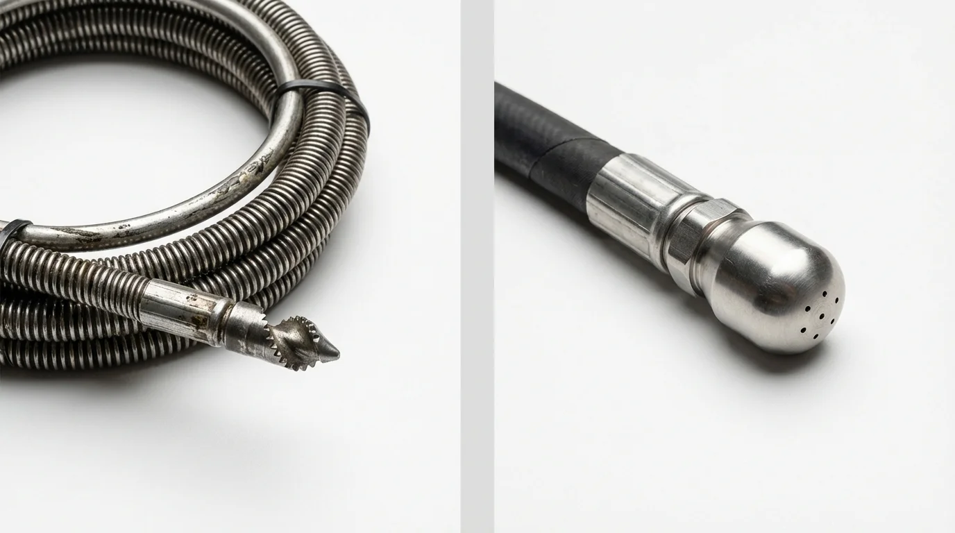 Drain snake cable and hydro jetting nozzle used for drain cleaning in Dodgeville, WI