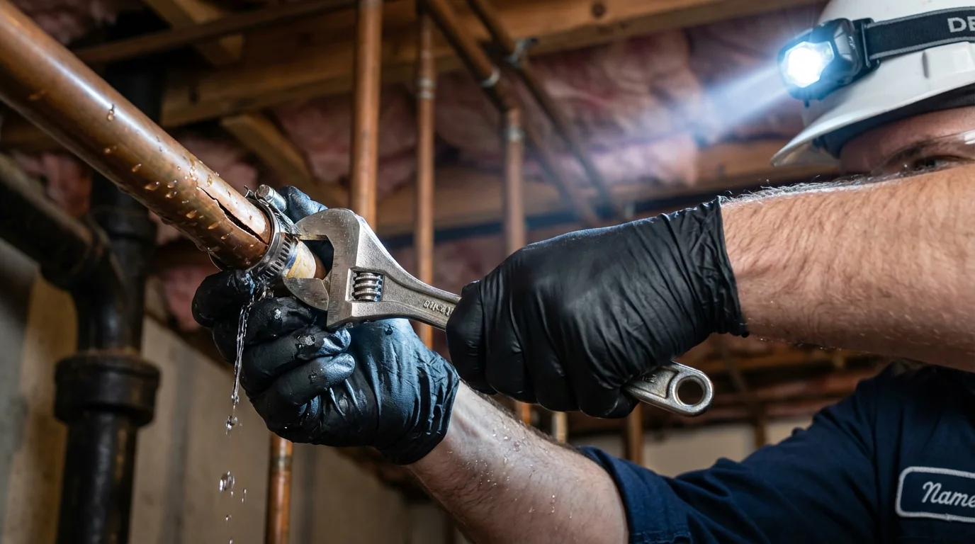 Emergency pipe clamp repair being performed by a Johns Plumbing LLC plumber in Dodgeville