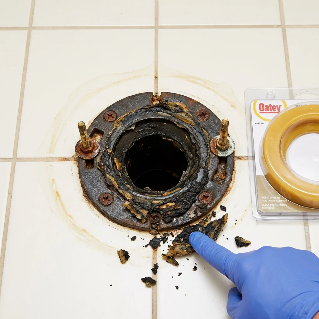 Failed wax ring showing water seepage at the base of a toilet in a Dodgeville, WI home