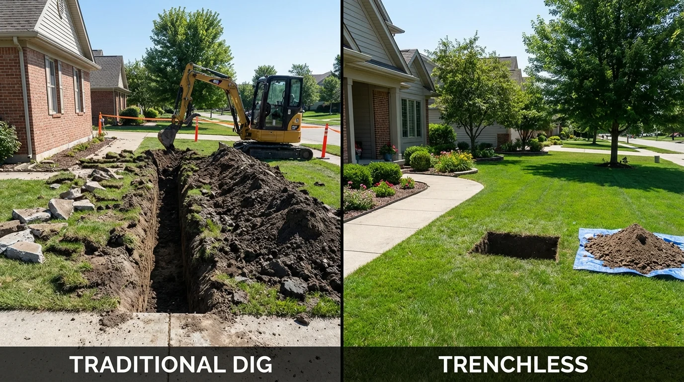 Trenchless sewer repair with minimal yard damage versus traditional excavation in Dodgeville, WI