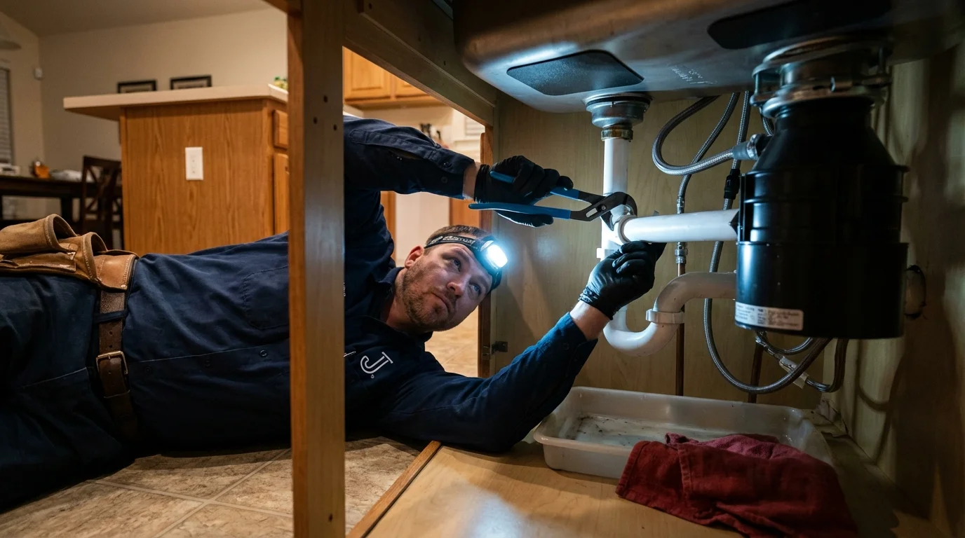 P-trap and supply line connections under a kitchen sink showing a common leak point in Dodgeville, WI